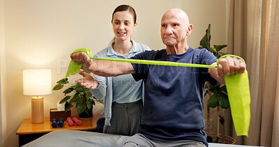 Buy stock photo Physiotherapy, old man or chiropractor with resistance band, mobility or joint support in checkup. Health, senior patient or practitioner with stretch, recovery or muscle exercise in rehabilitation.