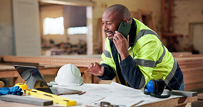 Buy stock photo Construction, laptop or man in factory with phone call, blueprint approval or good news in email. Happy, digital or mature builder with tech, floor plan agreement or positive feedback in online chat
