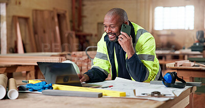 Buy stock photo Construction, laptop or black man with phone call, good news or contact with blueprint approval. Happy, digital or mature builder with tech, floor plan agreement or positive feedback in online chat.
