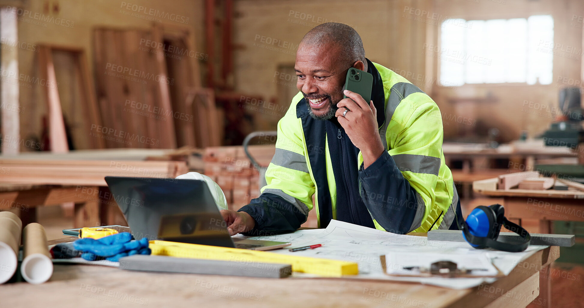 Buy stock photo Construction, laptop or black man with phone call, good news or contact with blueprint approval. Happy, digital or mature builder with tech, floor plan agreement or positive feedback in online chat.
