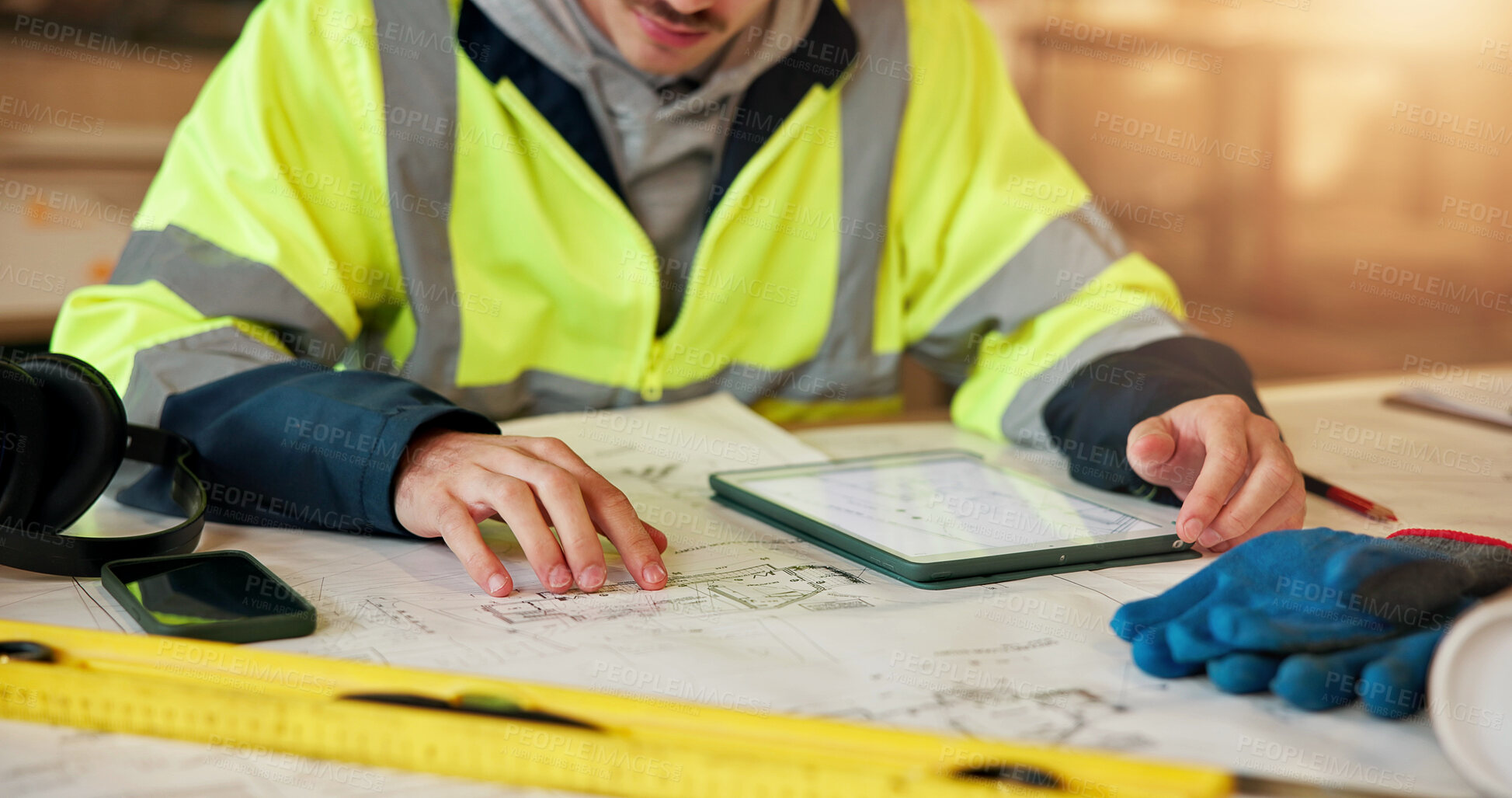 Buy stock photo Person, hands or civil engineer with tablet for construction planning, building design or structure. Builder, contractor or architect with technology or blueprint for architecture project in workshop