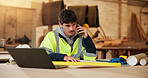 Construction, phone call and thinking with man in carpentry workshop for lumber or timber supply. Building feedback, conversation and review with carpenter in woodworking factory for online order