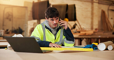 Buy stock photo Construction, phone call and thinking with man in carpentry workshop for lumber or timber supply. Building feedback, conversation and review with carpenter in woodworking factory for online order