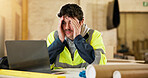 Man, stress and architect with laptop in workshop for building mistake or project deadline. Tired, male person or civil engineer with migraine or anxiety on computer for construction design or fail