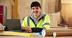 Construction, face and laptop with happy man in carpentry workshop for lumber or timber supply. Computer, review and smile with confident carpenter in woodworking factory for online building order