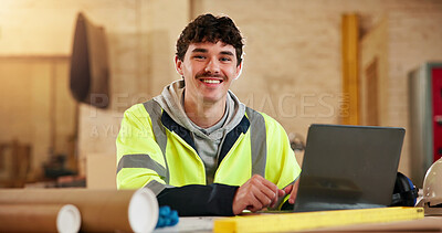 Buy stock photo Building, laptop and portrait of happy man in carpentry workshop for lumber or timber supply. Computer, construction and smile with confident carpenter in woodwork factory for review of online order