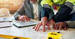 People, architect or hands with blueprint for construction planning, building design or ideas. Group, contractor or civil engineer team with tablet for floor layout, structure or architecture project