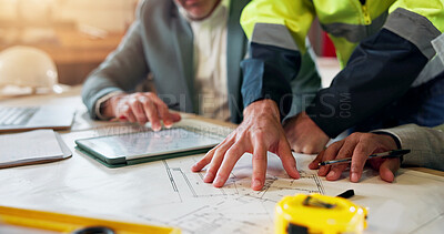 Buy stock photo People, architect or hands with blueprint for construction planning, building design or ideas. Group, contractor or civil engineer team with tablet for floor layout, structure or architecture project