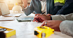 People, hands or civil engineer with blueprint for construction planning, building design or ideas. Group, contractor or architect team with tablet for floor layout, structure or architecture project