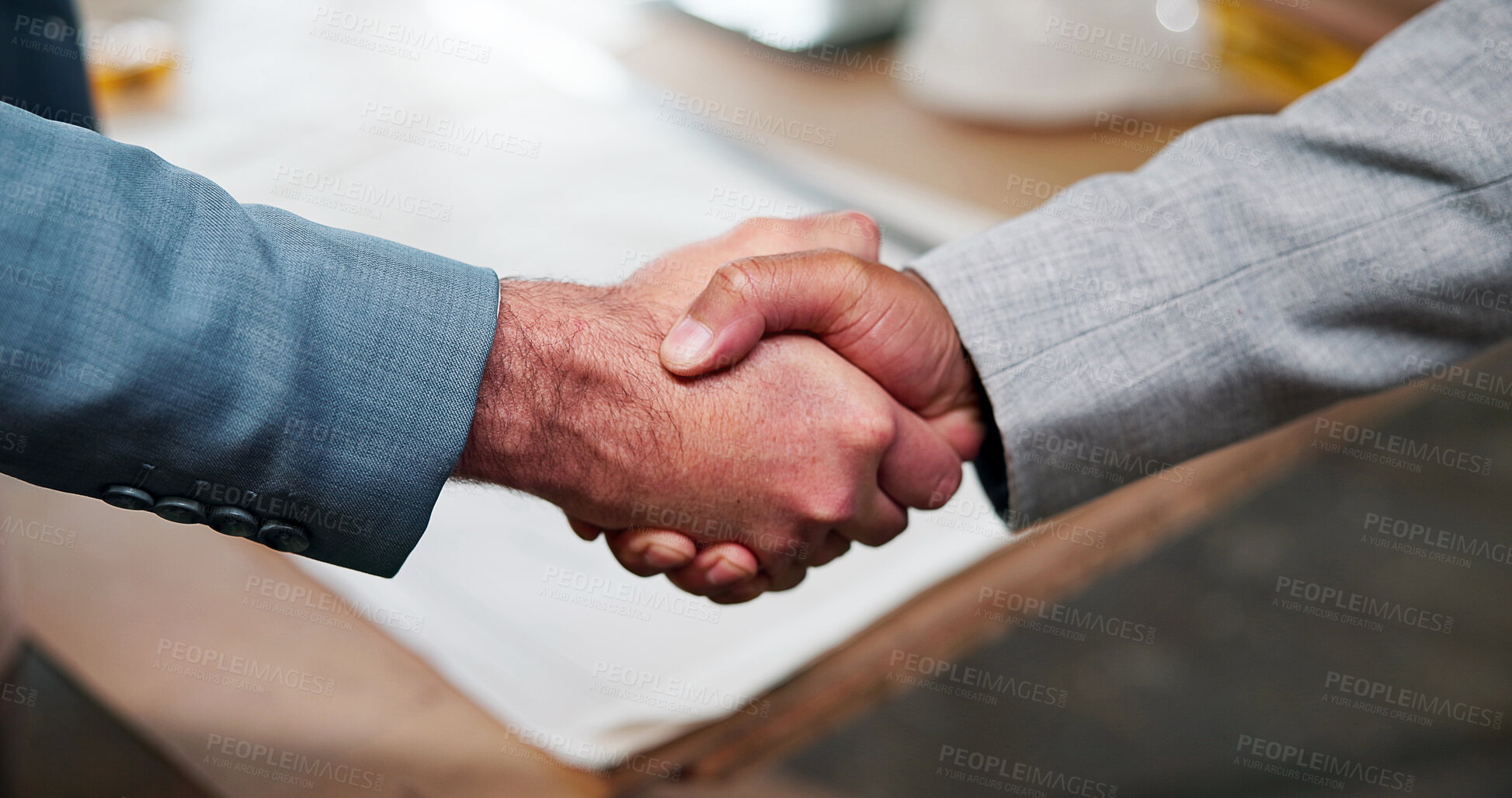 Buy stock photo People, meeting or architect with handshake for construction partnership or deal together. Civil engineer, contractor or employees shaking hands with documents for architecture project or development