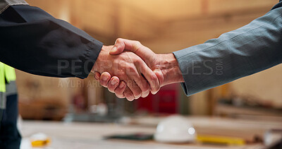 Buy stock photo People, meeting or civil engineer with handshake for construction partnership or deal together. Architect, contractor or employees shaking hands with greeting for architecture project or development