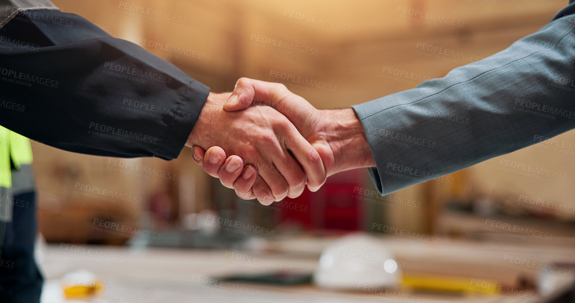 Buy stock photo People, meeting or civil engineer with handshake for construction partnership or deal together. Architect, contractor or employees shaking hands with greeting for architecture project or development