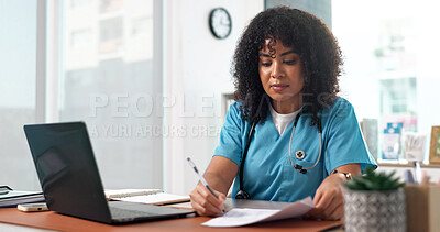 Buy stock photo Woman, nurse and writing with documents in office for medical appointment, schedule or portfolio. Female person, healthcare worker or taking notes with paperwork or laptop for clinic administration