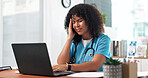 Nurse, laptop and woman with headache in office for stress, overworked pressure or strain. Female person, healthcare worker or fatigue with migraine on computer for mental health or burnout in clinic