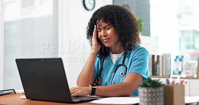 Buy stock photo Nurse, laptop and woman with headache in office for stress, overworked pressure or strain. Female person, healthcare worker or fatigue with migraine on computer for mental health or burnout in clinic