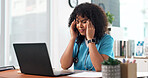 Nurse, laptop and woman with headache for stress, overworked pressure or strain in office. Female person, healthcare worker or fatigue with migraine on computer for mental health or burnout in clinic