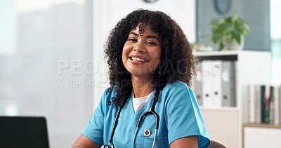 Buy stock photo Portrait, woman and nurse in office with smile, career pride and about us for medical assistance. Happy, female person and laptop in hospital with ambition, nursing experience and healthcare services