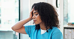 Nurse, woman and window with headache in clinic office for stress, overworked pressure or loss. Female person, healthcare worker or fatigue with migraine for medical failure or mistake in hospital