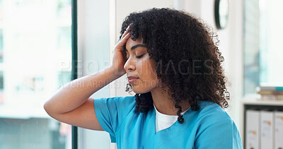 Buy stock photo Nurse, woman and window with headache in clinic office for stress, overworked pressure or loss. Female person, healthcare worker or fatigue with migraine for medical failure or mistake in hospital