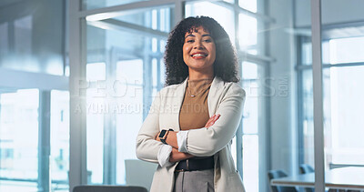 Buy stock photo Crossed arms, smile and portrait of businesswoman in office with confidence for finance career. Happy, professional and financial manager with pride for job opportunity, about us or positive attitude