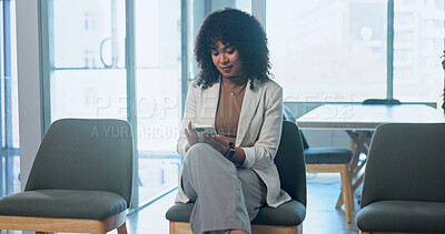 Buy stock photo Interview, waiting room and woman with phone for recruitment email, check resume or communication. Chair, mobile or person in workplace for hr message, job search forum or text for career opportunity