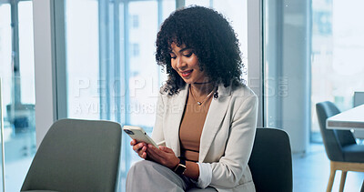Buy stock photo Smile, waiting room and woman with phone for interview email, check resume or communication. Chair, mobile and happy person with recruitment message, job search forum or text for career opportunity