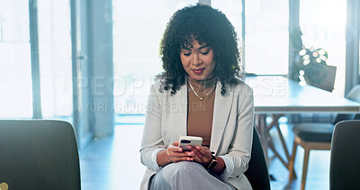 Buy stock photo Business, waiting and woman with phone in lobby for recruitment email, check resume or communication. Chair, interview and person with mobile for hr, job search and text message for networking