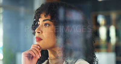 Buy stock photo Thinking, window and businesswoman in office with ideas, reflection or problem solving for legal care. Serious, memory and attorney in workplace with decision, planning or choice on law project