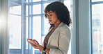 Cellphone, typing and businesswoman in office with email, update or feedback on finance report. Connectivity, technology and financial advisor with phone for texting on investment growth project.