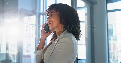 Buy stock photo Smile, woman and phone call in office for business negotiation, real estate listing or talking. Mobile, happy person and listening to contact for property development deal, communication or sale
