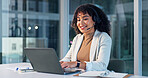 Business, woman and headset at call centre with laptop, research and billing inquiry for crm. Smile, advisor and documents in office with pc, finance report and customer services for account balance