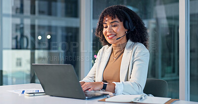 Buy stock photo Business, woman and headset at call centre with laptop, research and billing inquiry for crm. Smile, advisor and documents in office with pc, finance report and customer services for account balance