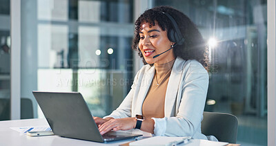 Buy stock photo Call center, headset or woman in office with laptop, telecom or investment advice in crm service. Flare, mic or finance consultant with assistance, online banking or contact us with loan support.
