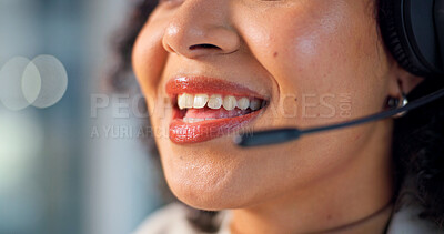 Buy stock photo Call center, headset or mouth in office with smile, telecom or investment advice in crm service. Space, woman or finance consultant with microphone, online banking or contact us with loan support.
