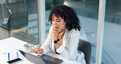 Buy stock photo Woman, consultant and laptop with headset in office for customer service, online advice or CRM. Business, female person or agent with computer for virtual assistance, help or support in workplace