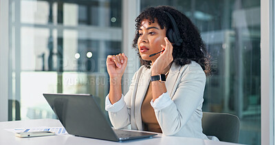 Buy stock photo Woman, agent and laptop with headset in office for customer service, online advice or CRM. Business, female person or consultant with computer for virtual assistance, help or support in workplace