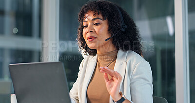 Buy stock photo Call center, headset or woman in agency with laptop, telecom or investment advice in night service. CRM, contact us or finance consultant with mic, online banking or loan support in late evening