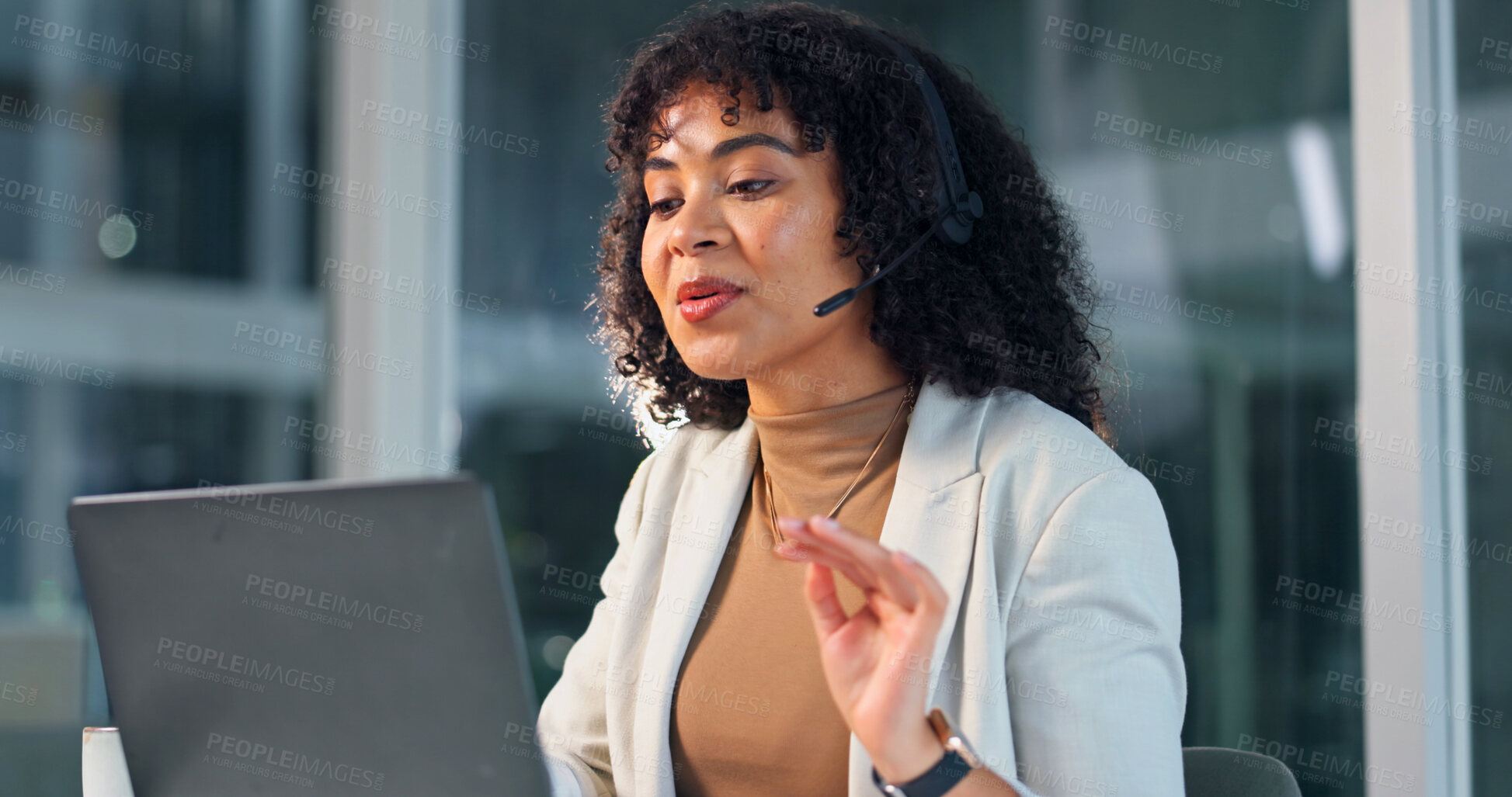Buy stock photo Call center, headset or woman in agency with laptop, telecom or investment advice in night service. CRM, contact us or finance consultant with mic, online banking or loan support in late evening