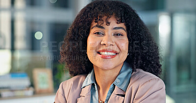 Buy stock photo Pride, smile or woman in office with portrait, wealth advisor or about us in finance industry. Business, happy or banking consultant with ambition, investment planner or confidence in risk management