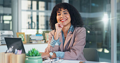 Buy stock photo Pride, laptop and woman in office with portrait, wealth advisor and about us in finance industry. Happy, flare and banking consultant with tech, investment planner and confidence in risk management.