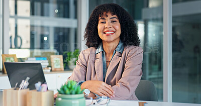 Buy stock photo Pride, happy and woman in office with portrait, wealth advisor and about us in finance industry. Business, smile or banking consultant with laptop, investment planner or confidence in risk management