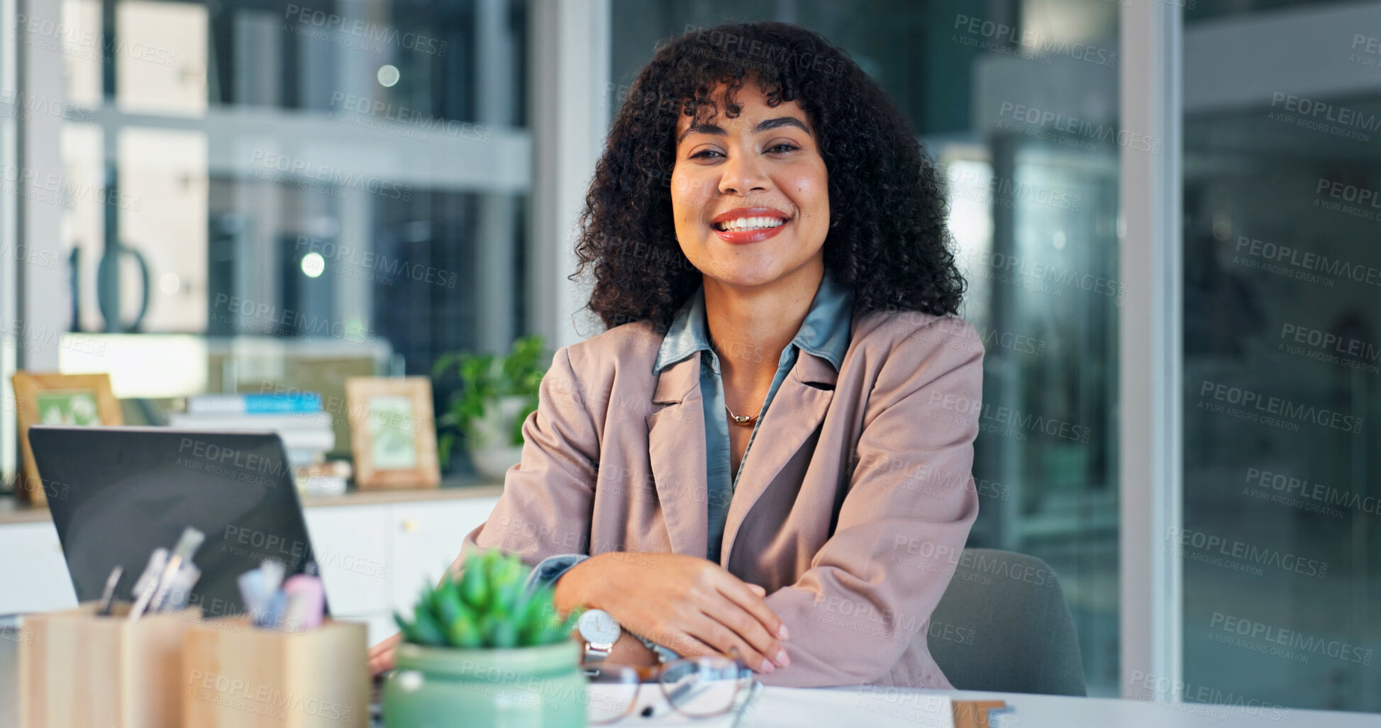 Buy stock photo Pride, happy and woman in office with portrait, wealth advisor and about us in finance industry. Business, smile or banking consultant with laptop, investment planner or confidence in risk management