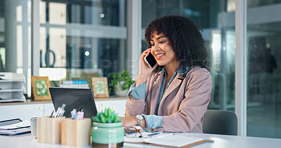 Buy stock photo Laptop, woman and phone call in office for business negotiation, real estate listing or rental lease. Tech, happy person and speaking with contact for property development deal, communication or sale