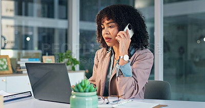 Buy stock photo Business, woman and laptop with phone call in office for conversation, virtual assistance or chat. Female person, advisor or computer with smartphone for communication or discussion in workplace