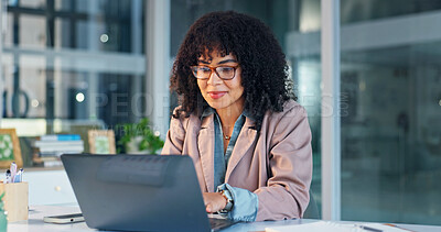 Buy stock photo Woman, glasses and smile with laptop in business, administration and financial update with research. Office manager, typing and happy person with technology, invoice management and budget on website