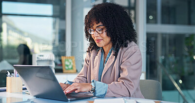 Buy stock photo Woman, smile and research with laptop in business, administration and financial update with glasses. Office manager, typing and happy person with technology, invoice management and budget on website