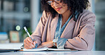 Business, woman and writing with notebook in office for schedule reminder, agenda or checklist. Female person, employee or taking notes with diary for company tasks, planning or ideas in workplace