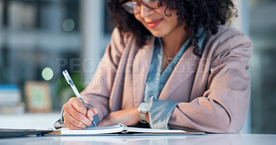 Buy stock photo Business, woman and writing with notebook in office for schedule reminder, agenda or checklist. Female person, employee or taking notes with diary for company tasks, planning or ideas in workplace