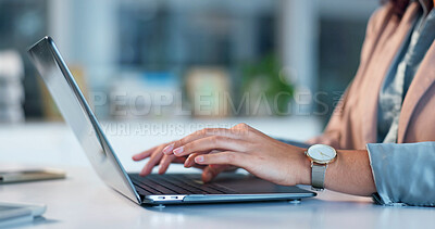 Buy stock photo Typing, online and hands with laptop in business, administration and financial update with research. Office manager, schedule and person with technology, invoice management and budget on website