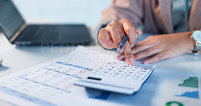 Buy stock photo Business, woman and hands with calculator for finance, budget planning or expenses in office. Female person, accounting or calculation with documents for financial audit, chart or tax deductions